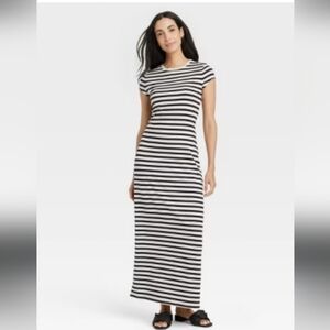 A New Day Black And Cream Stripe Sheath Dress Casual Crew Neck Short Sleeve